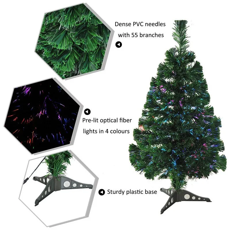 2FT Small Pre-Lit Fiber Optic Christmas Tree Artificial Spruce Tree Green