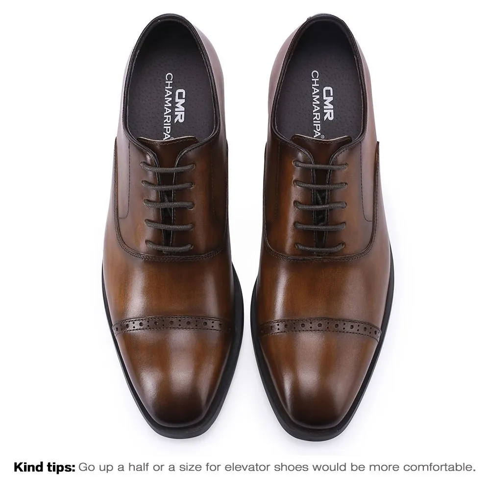 7CM / 2.76 Inches Taller - CMR CHAMARIPA Elevator Derby Shoes For Men - Brown Leather Dress Shoes
