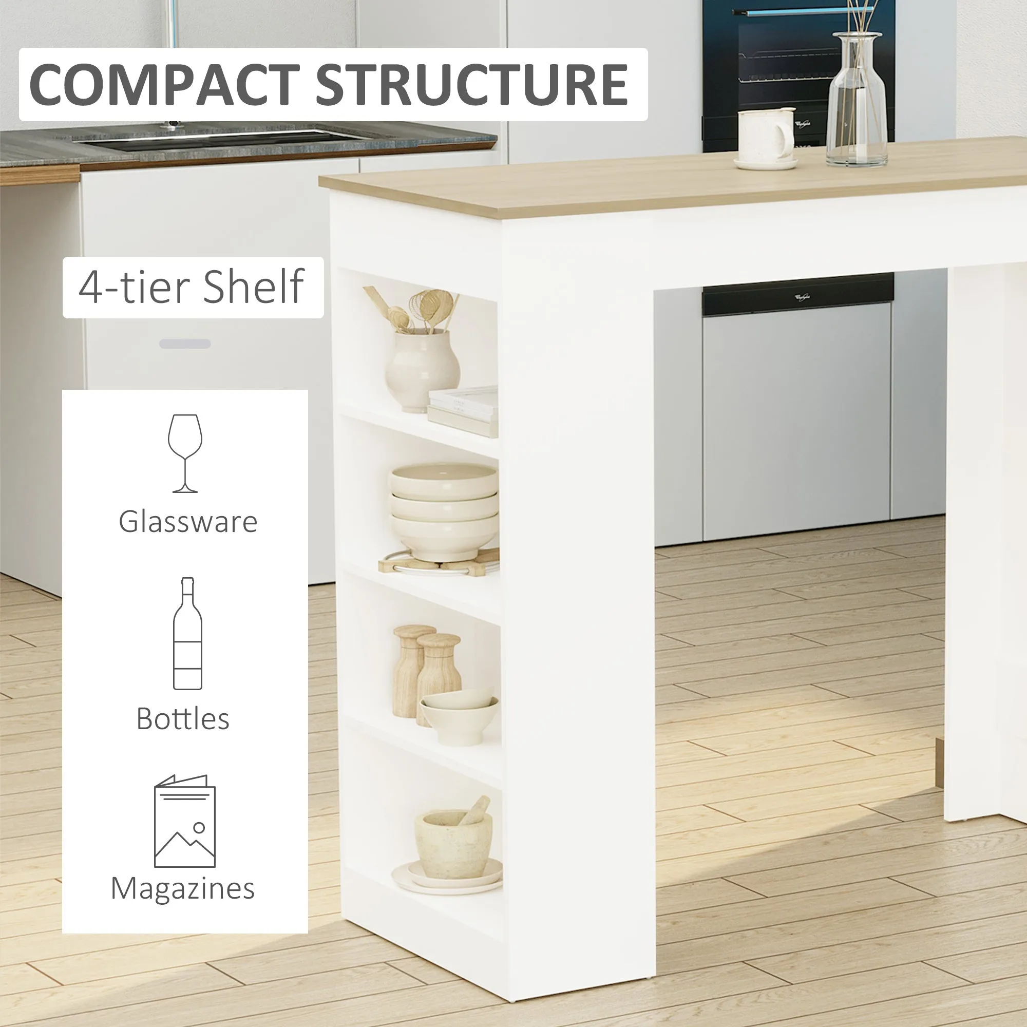 Bar Table Coffee Table Kitchen Dining Table with 4-Tier Storage Shelf for Kitchen Dining Room Living Room Natural