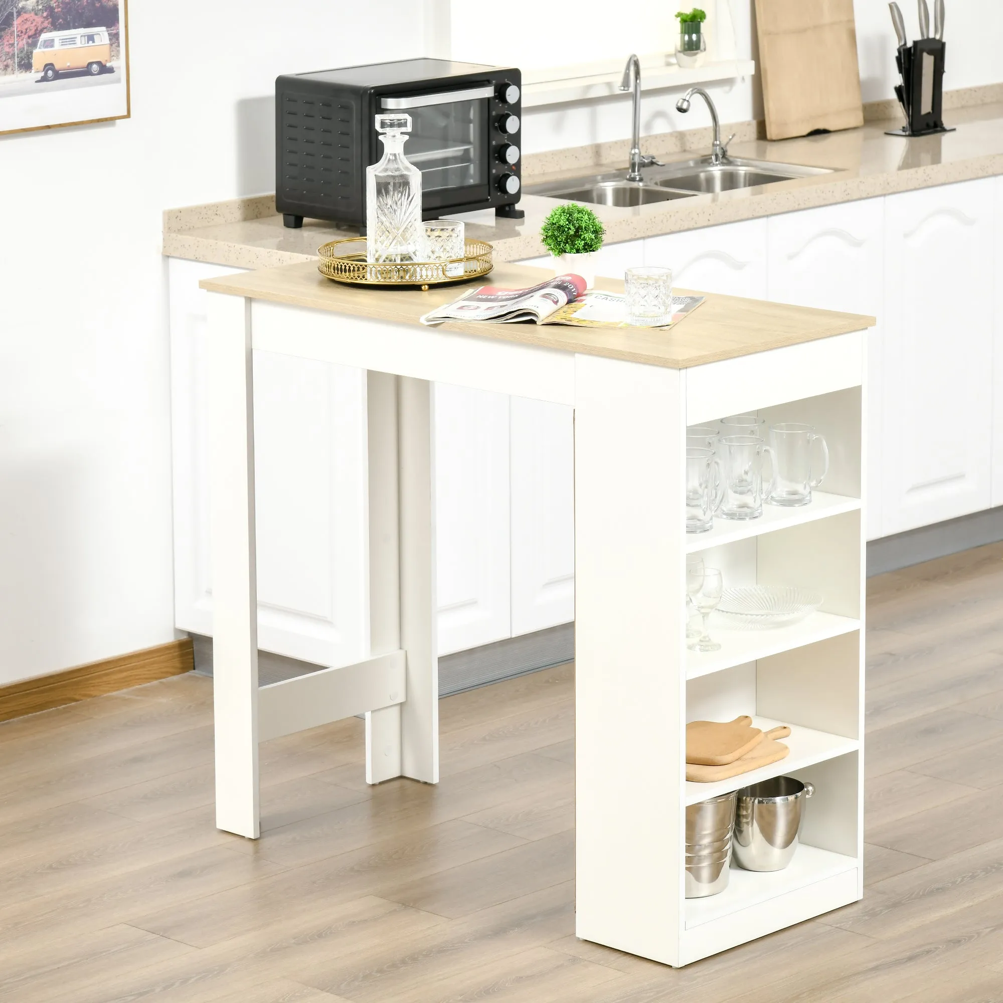 Bar Table Coffee Table Kitchen Dining Table with 4-Tier Storage Shelf for Kitchen Dining Room Living Room Natural