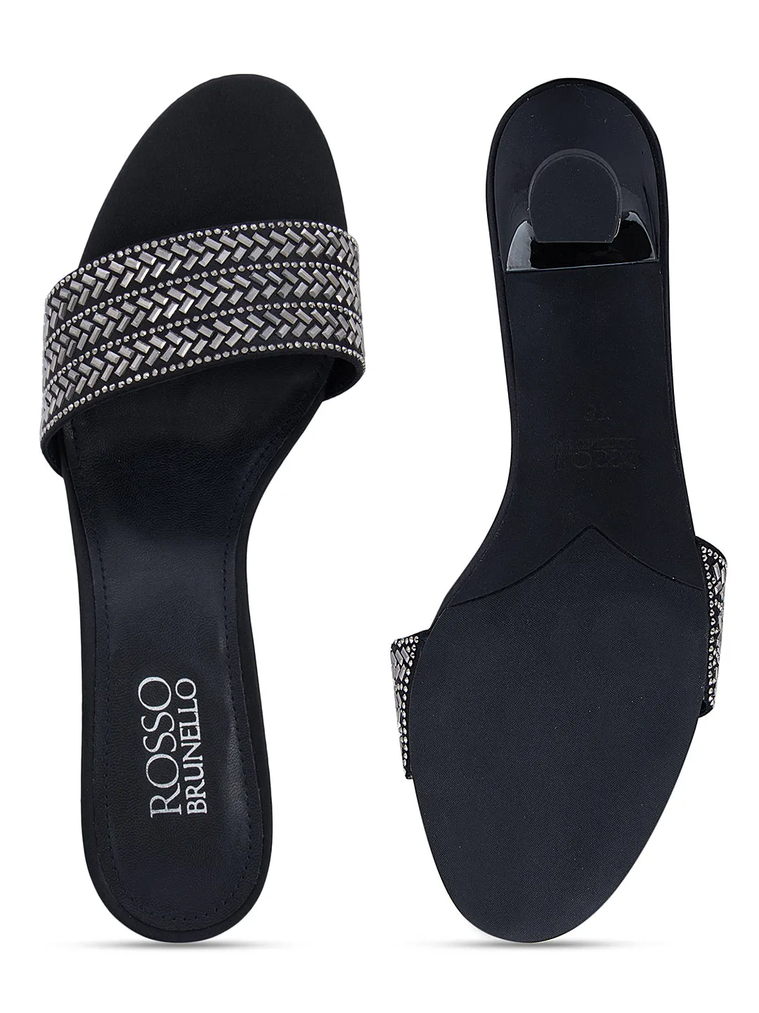Black Strap Embellished Kitten Heels
