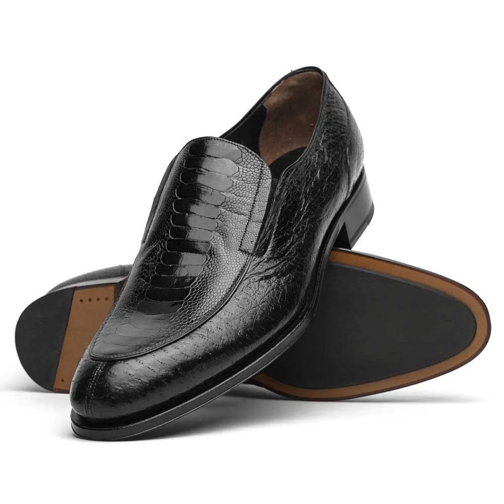 Caporicci 3324 Men's Shoes Black Exotic Ostrich / Peccary Slip-On Loafers (CAP2004)