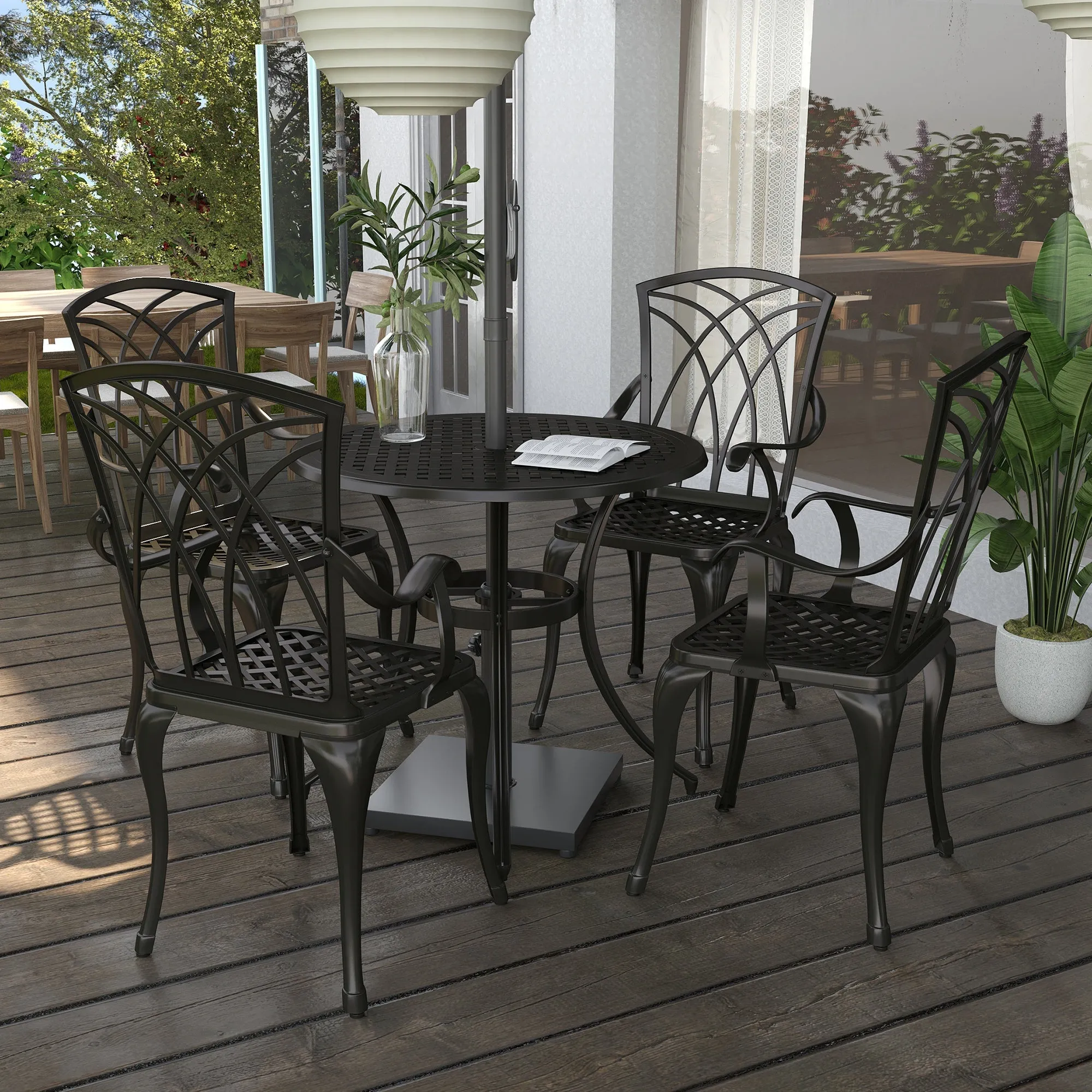Cast Aluminium 4-Seater Outdoor Garden Table & Chair Set Brown