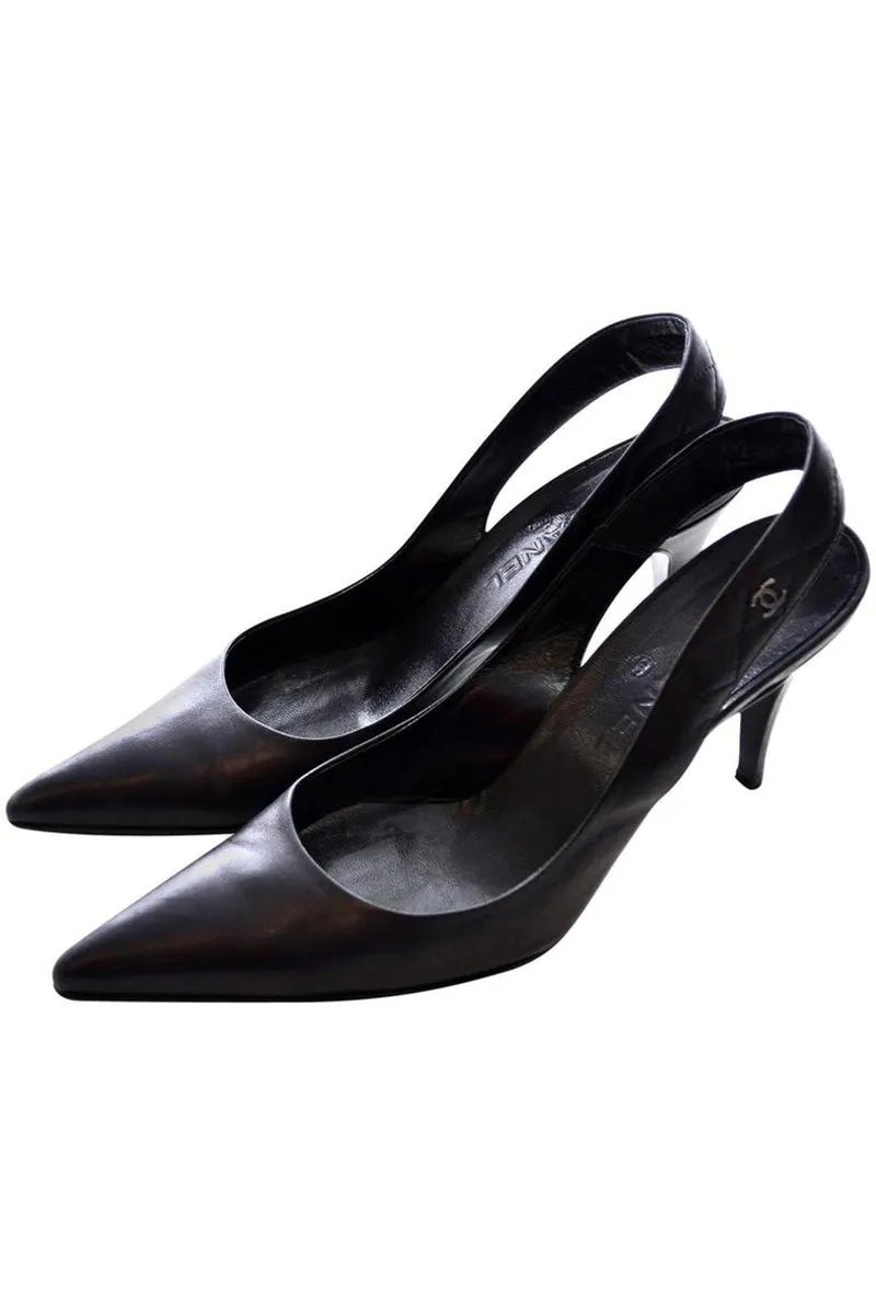 Chanel Slingbacks Shoes Black Leather Quilted Heels Size 40 In Box