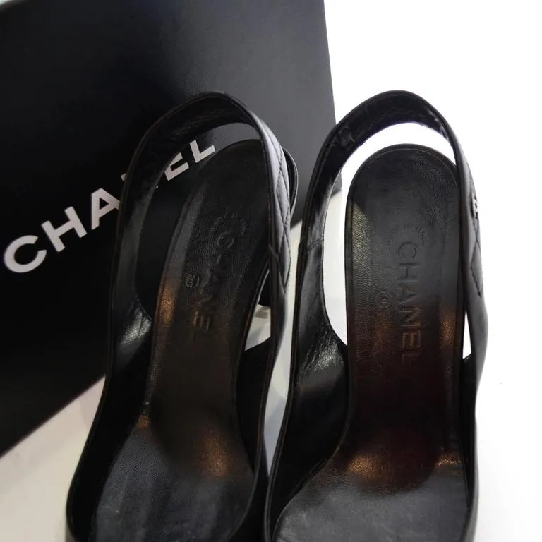Chanel Slingbacks Shoes Black Leather Quilted Heels Size 40 In Box