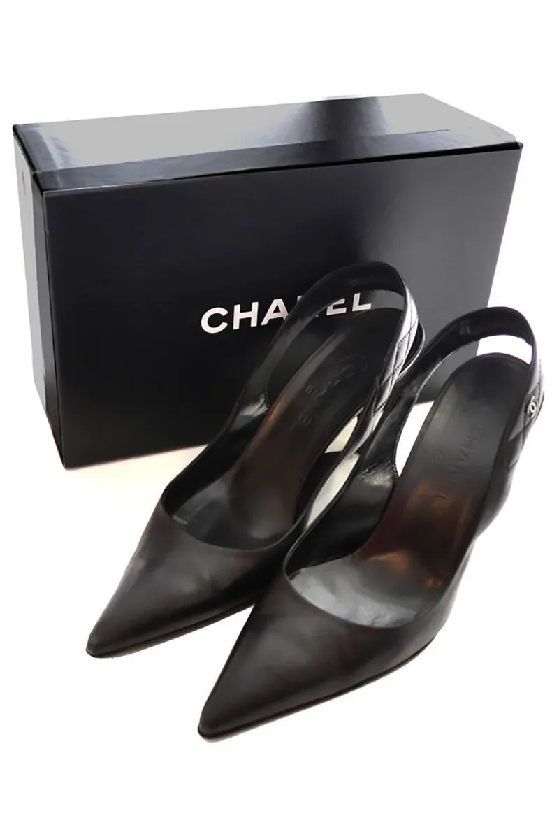 Chanel Slingbacks Shoes Black Leather Quilted Heels Size 40 In Box