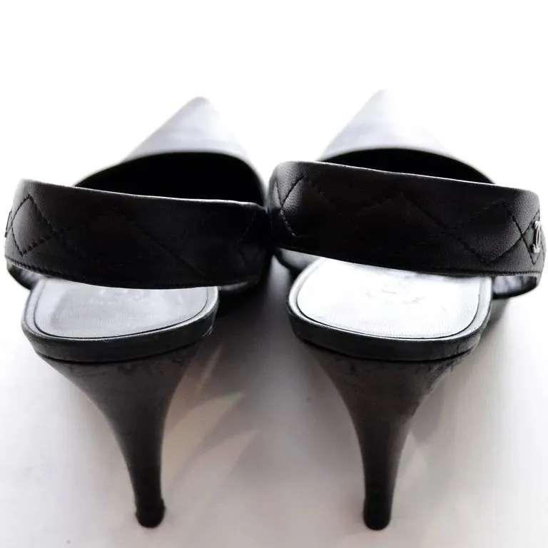 Chanel Slingbacks Shoes Black Leather Quilted Heels Size 40 In Box