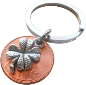 Clover Charm Layered Over 2003 Penny Keychain, 22 Year Anniversary, Couples Keychain