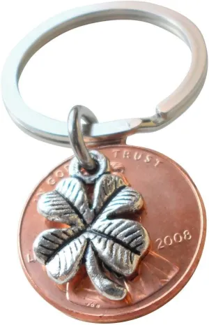 Clover Charm Layered Over 2008 Penny Keychain, 17 Year Anniversary, Couples Keychain