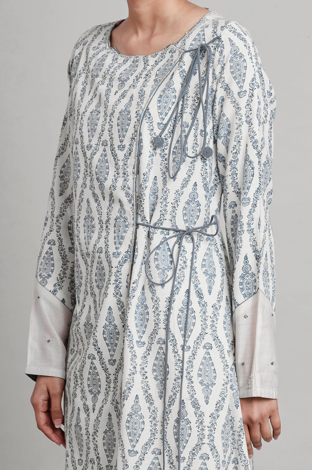 Ecru Hand Block Print Angrakha kurta