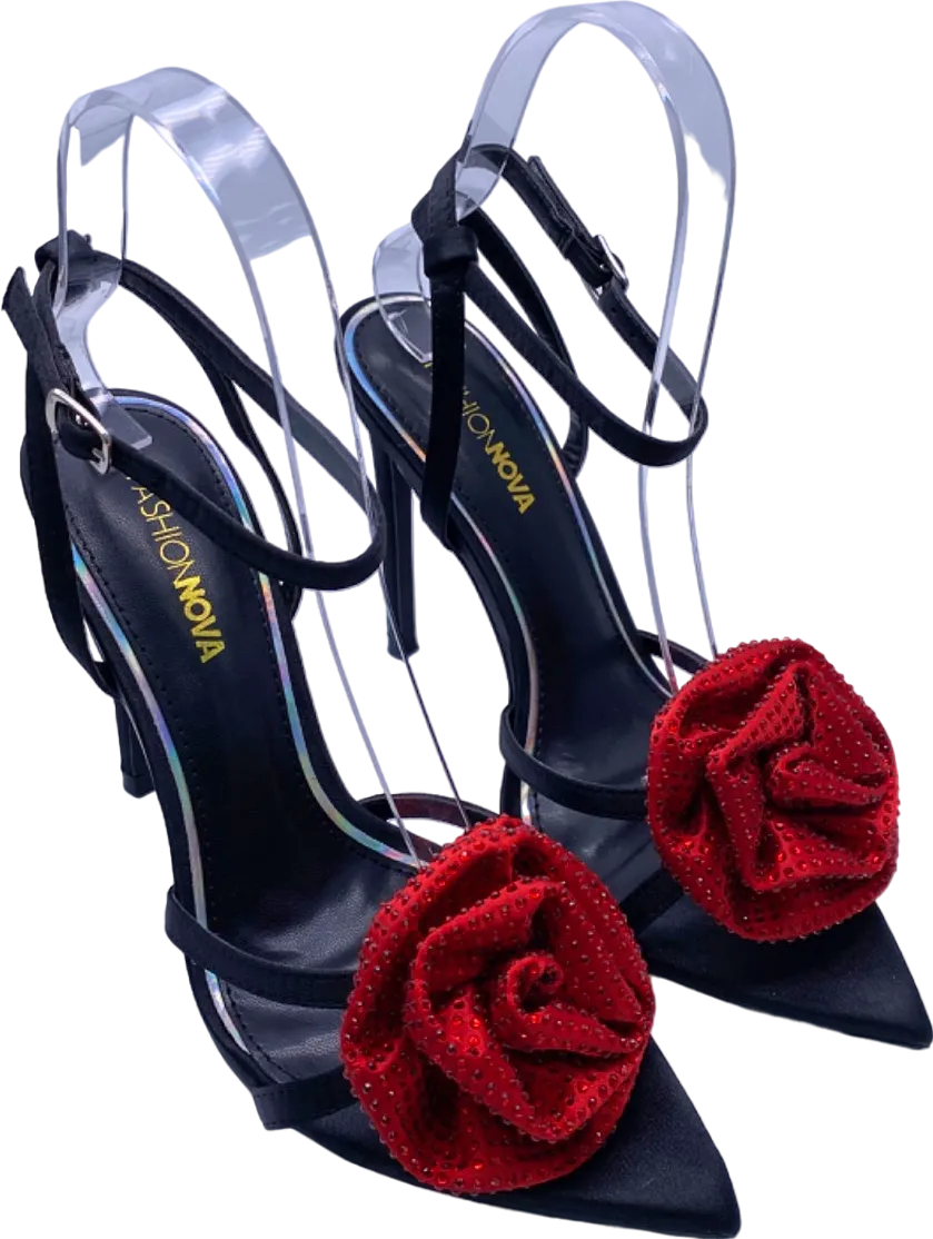 Fashion Nova Black Red Floral Embellished Heels UK 4