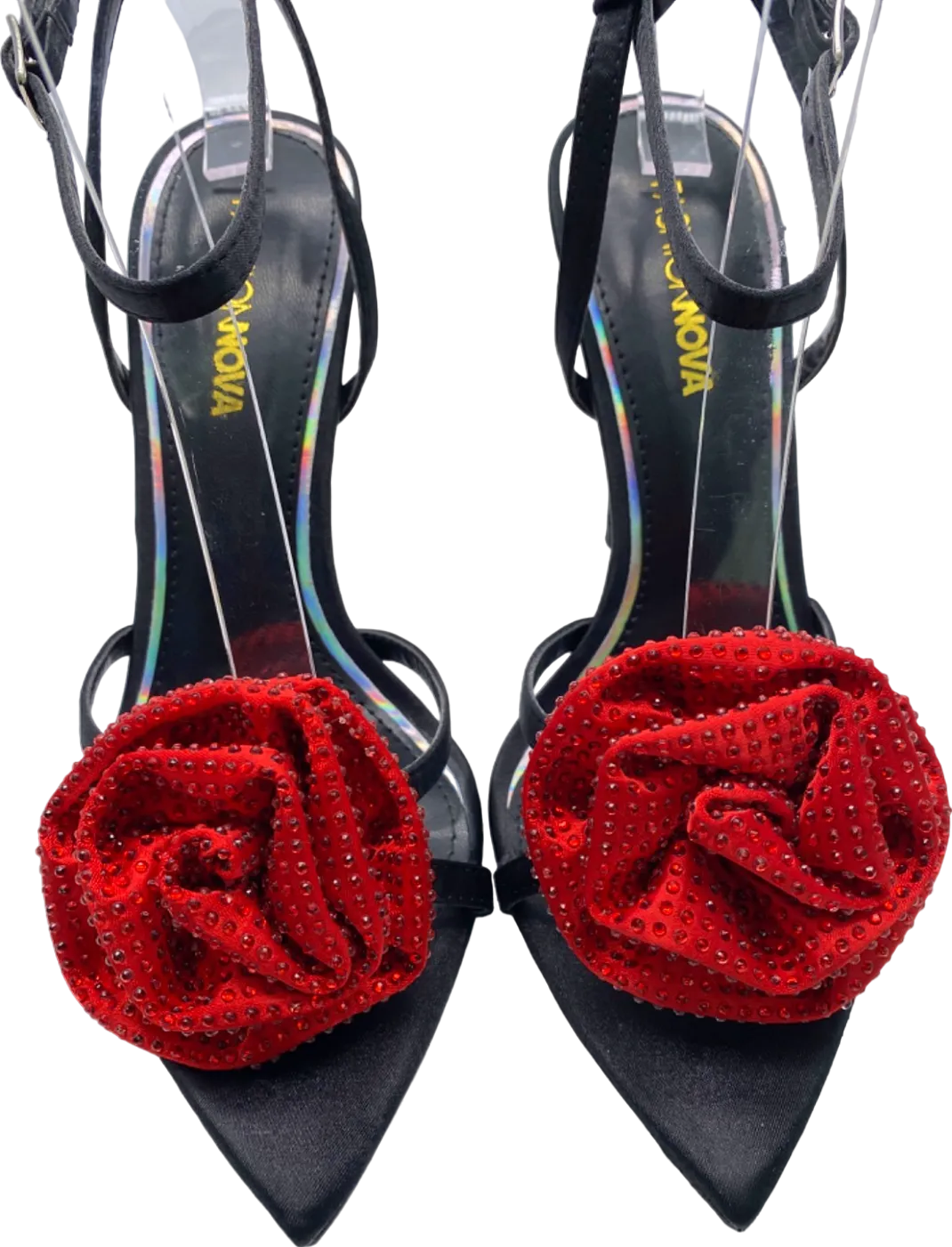 Fashion Nova Black Red Floral Embellished Heels UK 4
