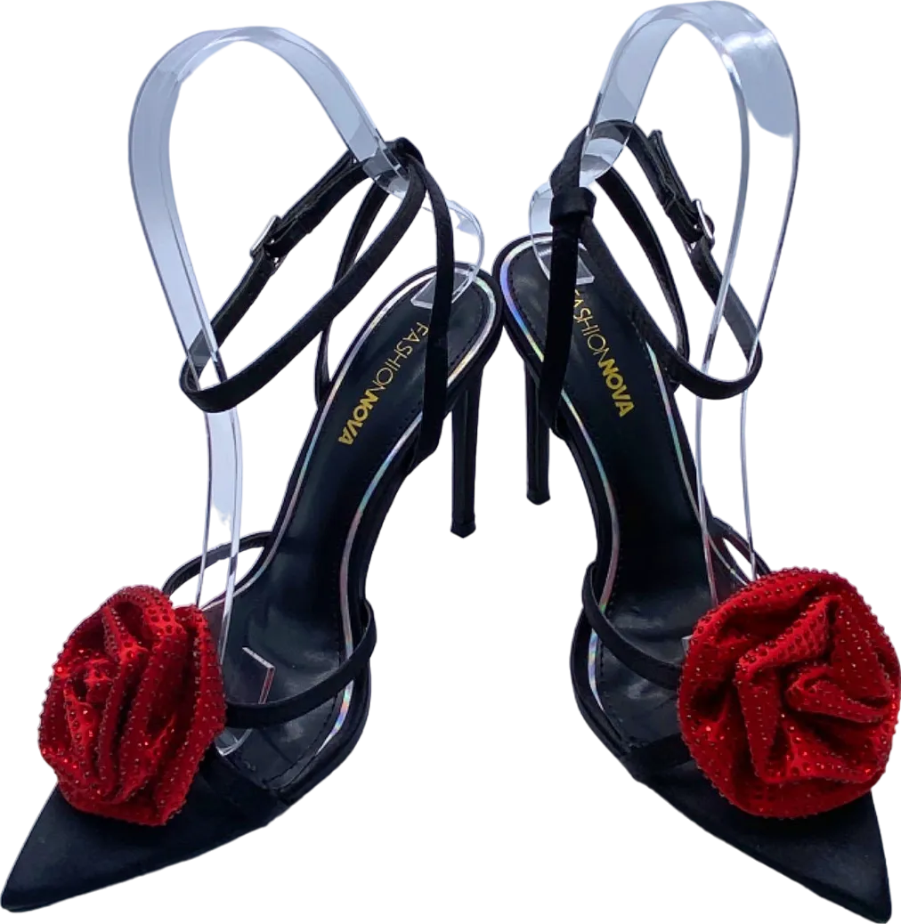 Fashion Nova Black Red Floral Embellished Heels UK 4