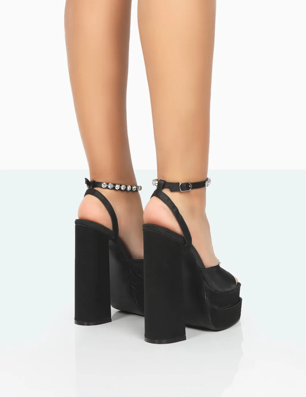 Frozen Black Satin Sparkly Diamante Strap Open Toe Block Platform Heels
