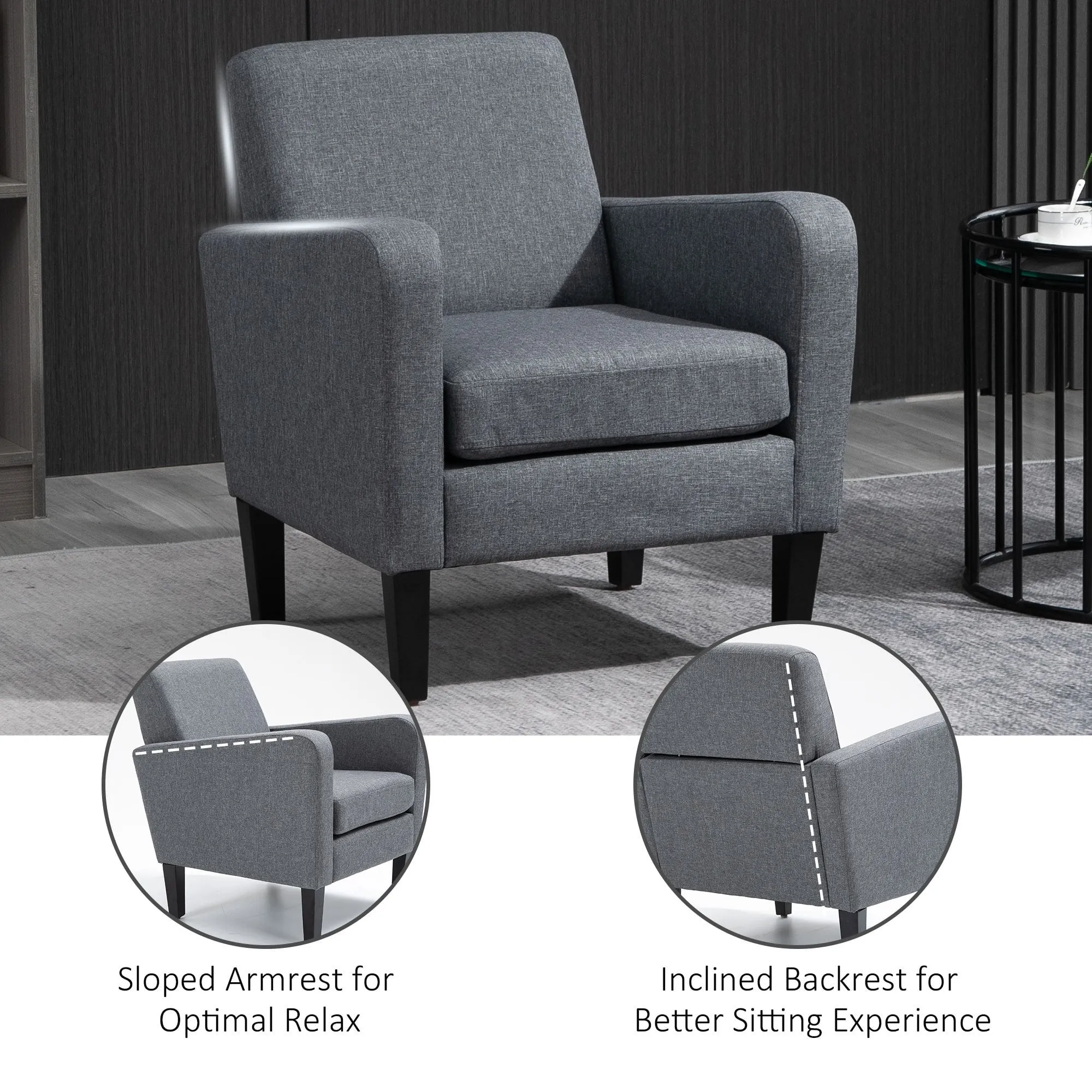 Linen Modern-Curved Armchair Accent Seat w/ Thick Cushion Wood Legs Foot Pads Single Compact Home Furniture City Flats Grey