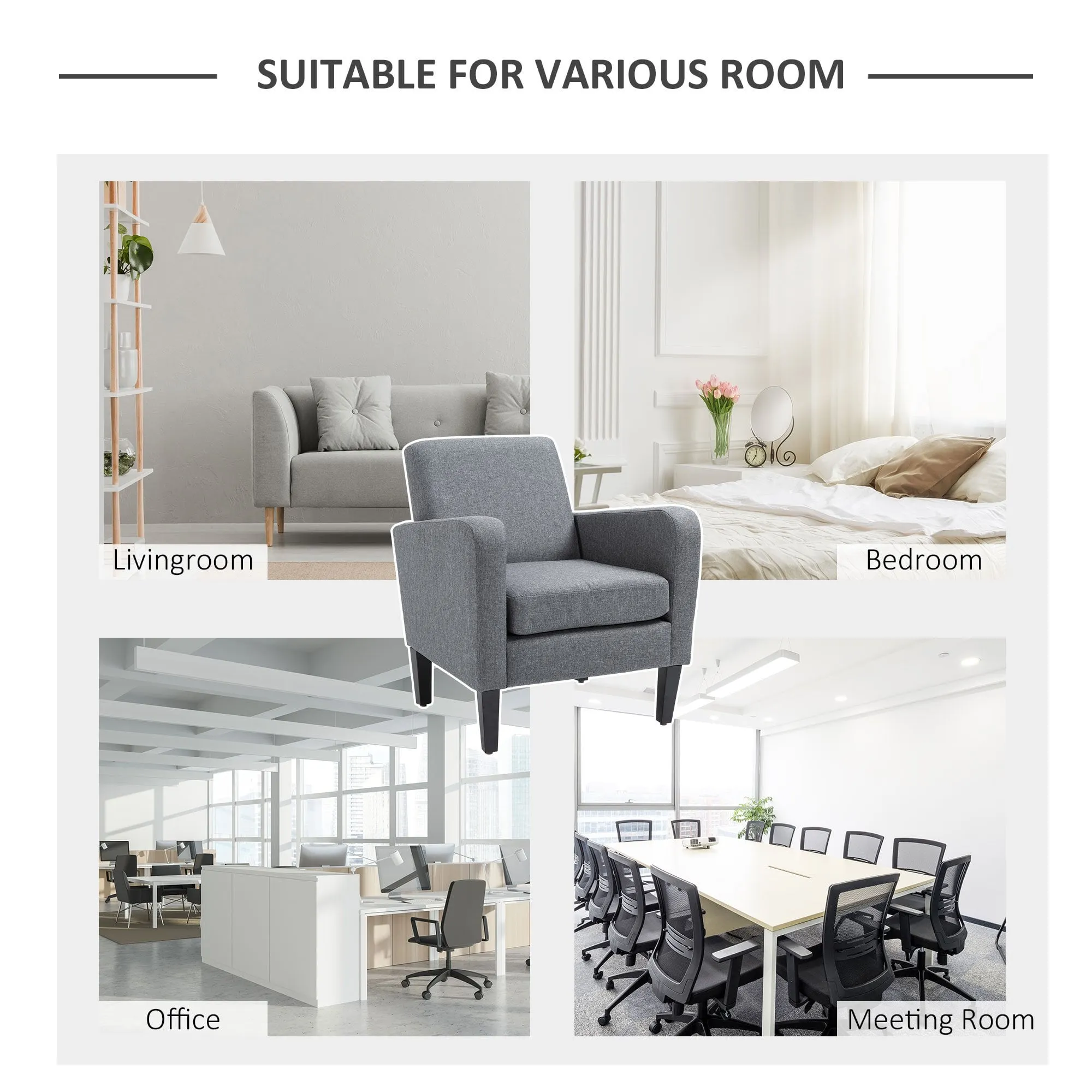 Linen Modern-Curved Armchair Accent Seat w/ Thick Cushion Wood Legs Foot Pads Single Compact Home Furniture City Flats Grey