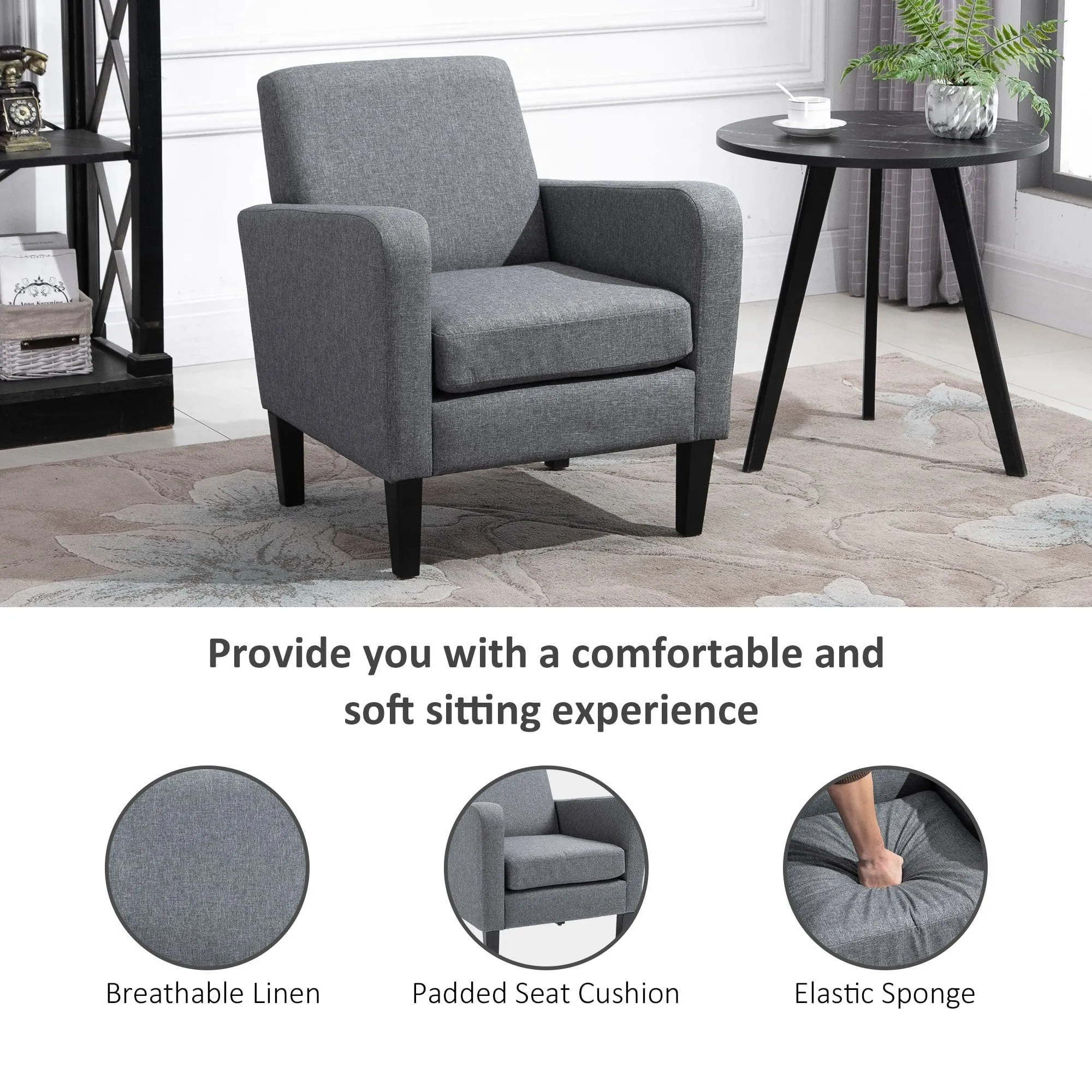 Linen Modern-Curved Armchair Accent Seat w/ Thick Cushion Wood Legs Foot Pads Single Compact Home Furniture City Flats Grey