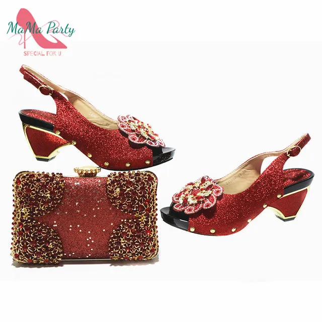 MAMA PARTY Flower Bling Slingback Shoes with Matching Bag