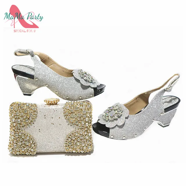 MAMA PARTY Flower Bling Slingback Shoes with Matching Bag