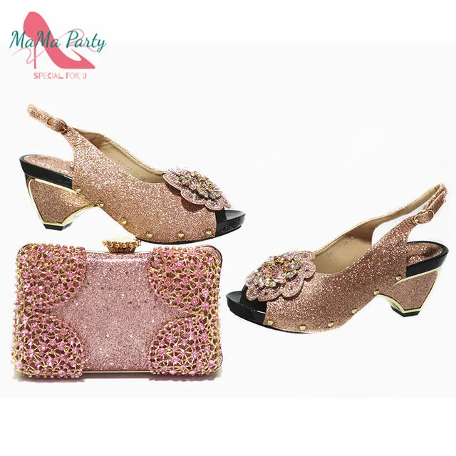 MAMA PARTY Flower Bling Slingback Shoes with Matching Bag