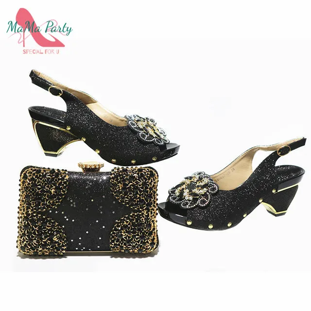 MAMA PARTY Flower Bling Slingback Shoes with Matching Bag
