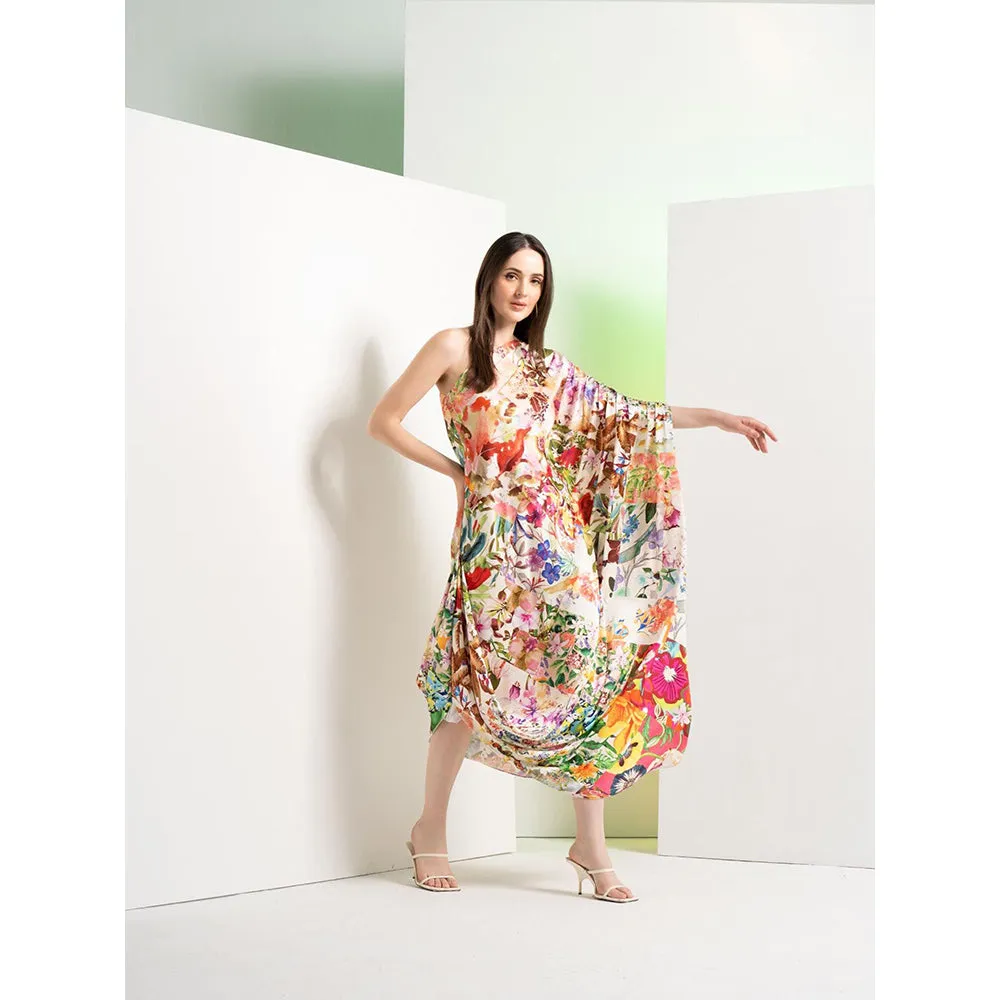 MANDIRA WIRK Ochre Floral Rush Printed Satin One Shoulder Kaftan
