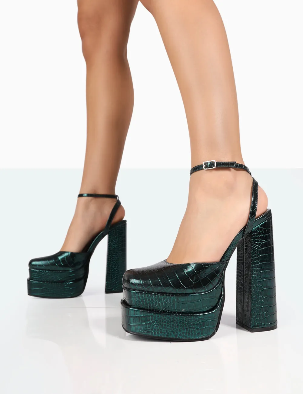 Moonchild Metallic Emerald Green Croc Closed Toe Statement Platform Block Heels