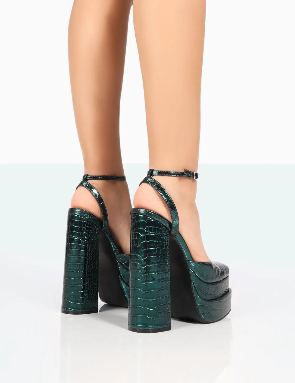 Moonchild Metallic Emerald Green Croc Closed Toe Statement Platform Block Heels