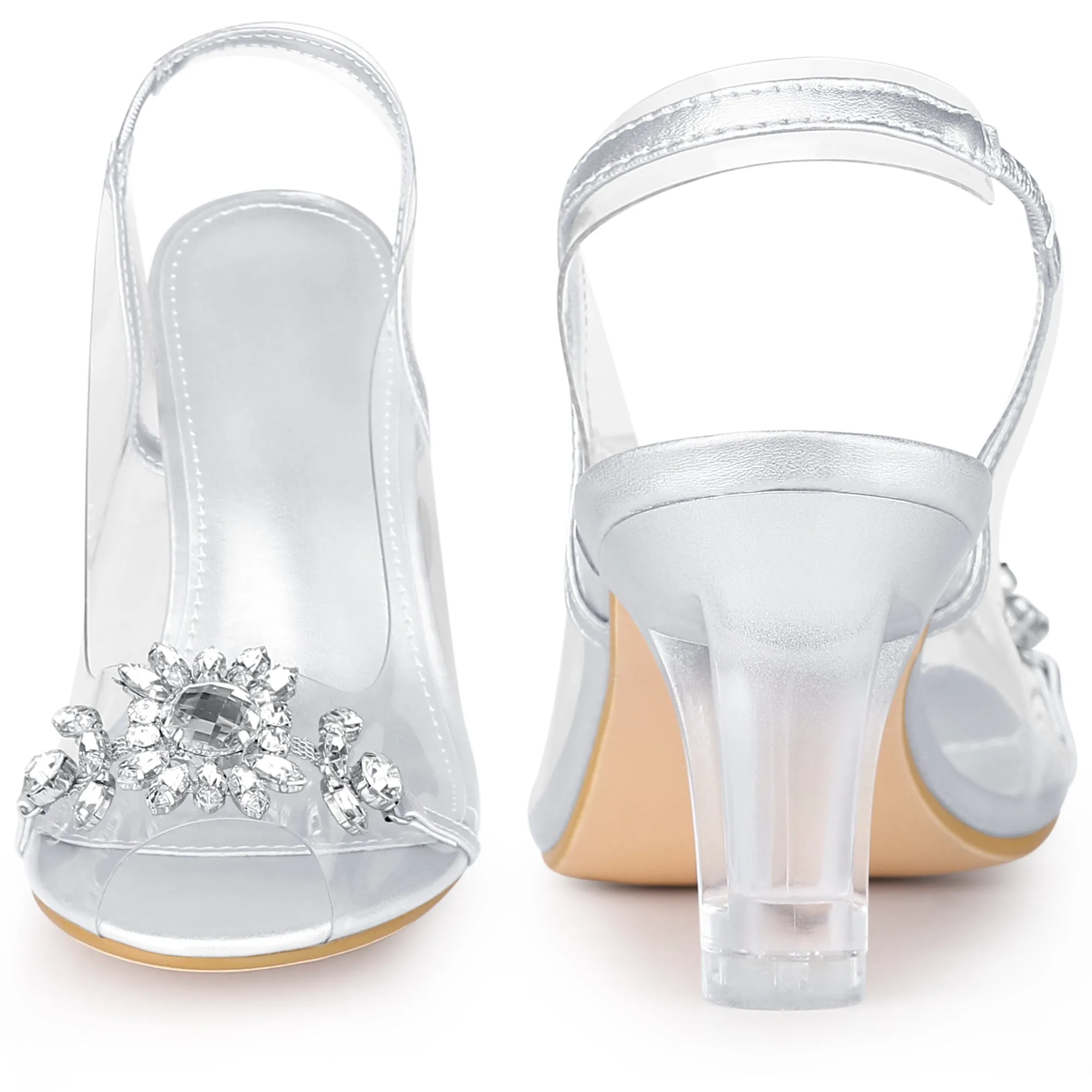 Peep Toe Flower Rhinestone Slingback Clear Chunky Heels Sandals for Women