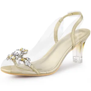 Peep Toe Flower Rhinestone Slingback Clear Chunky Heels Sandals for Women