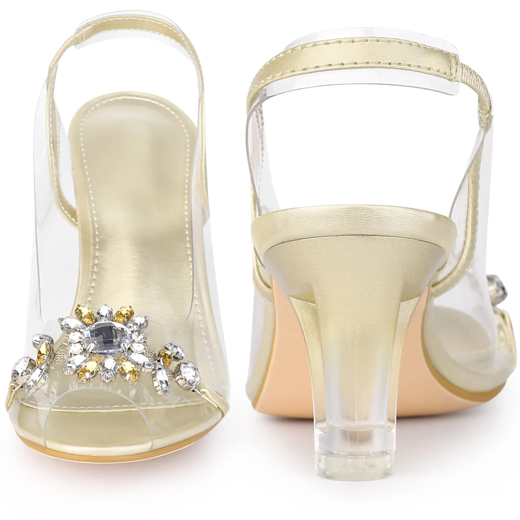 Peep Toe Flower Rhinestone Slingback Clear Chunky Heels Sandals for Women