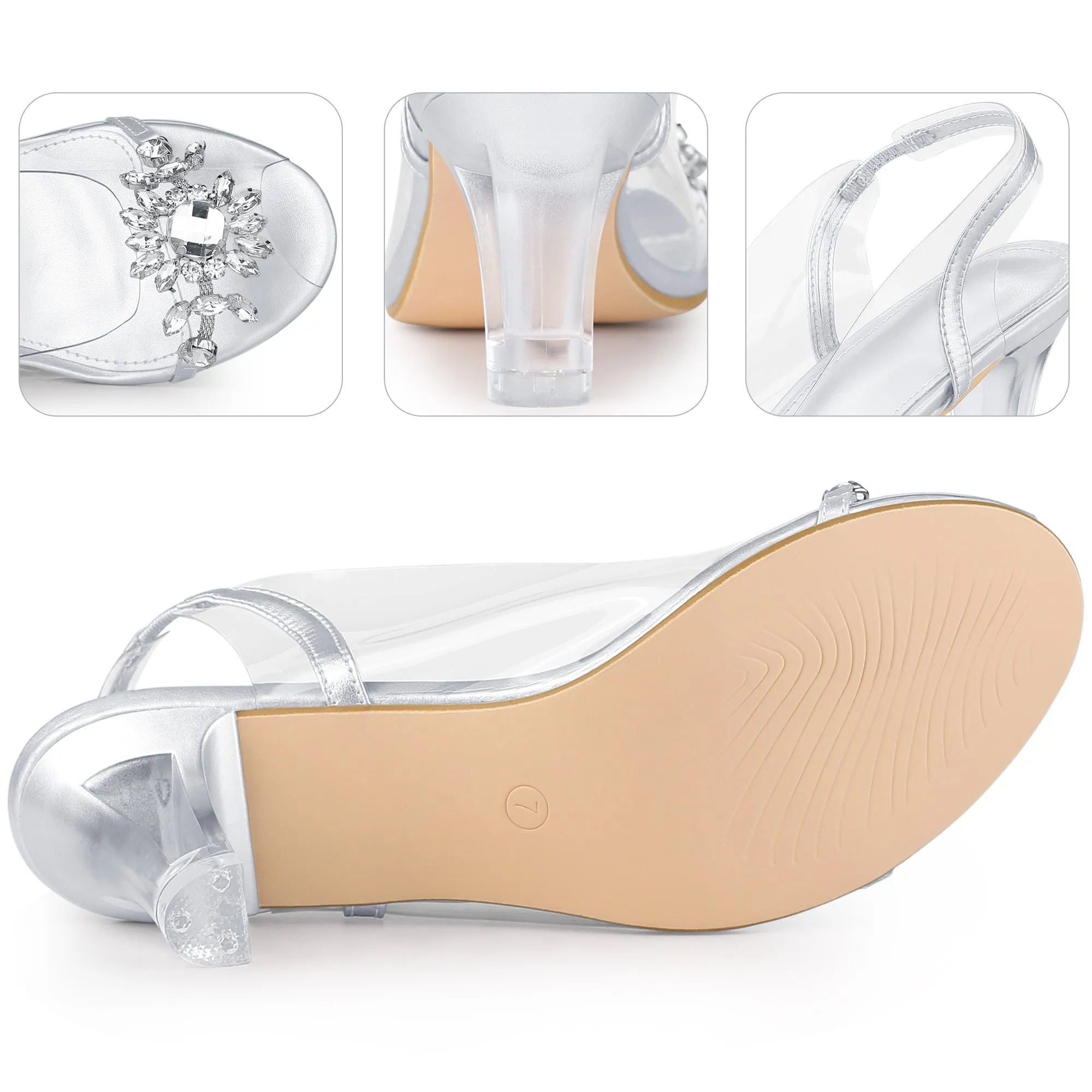 Peep Toe Flower Rhinestone Slingback Clear Chunky Heels Sandals for Women