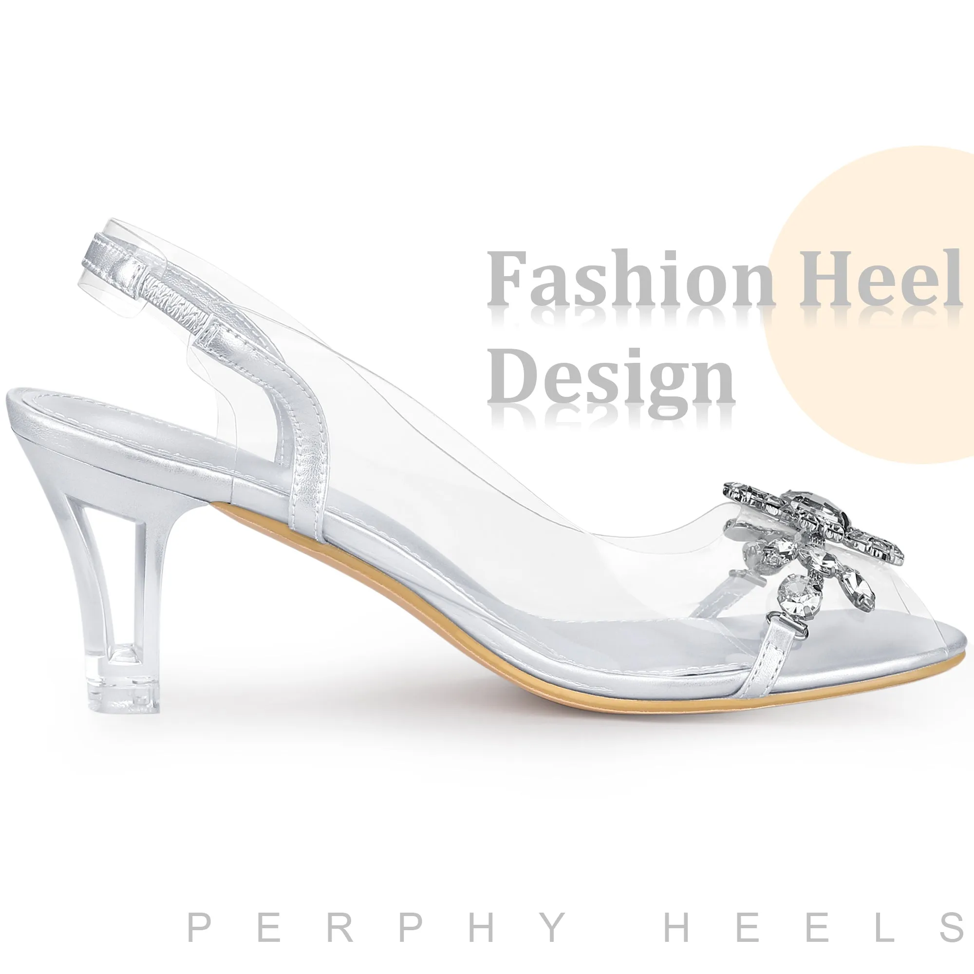 Peep Toe Flower Rhinestone Slingback Clear Chunky Heels Sandals for Women