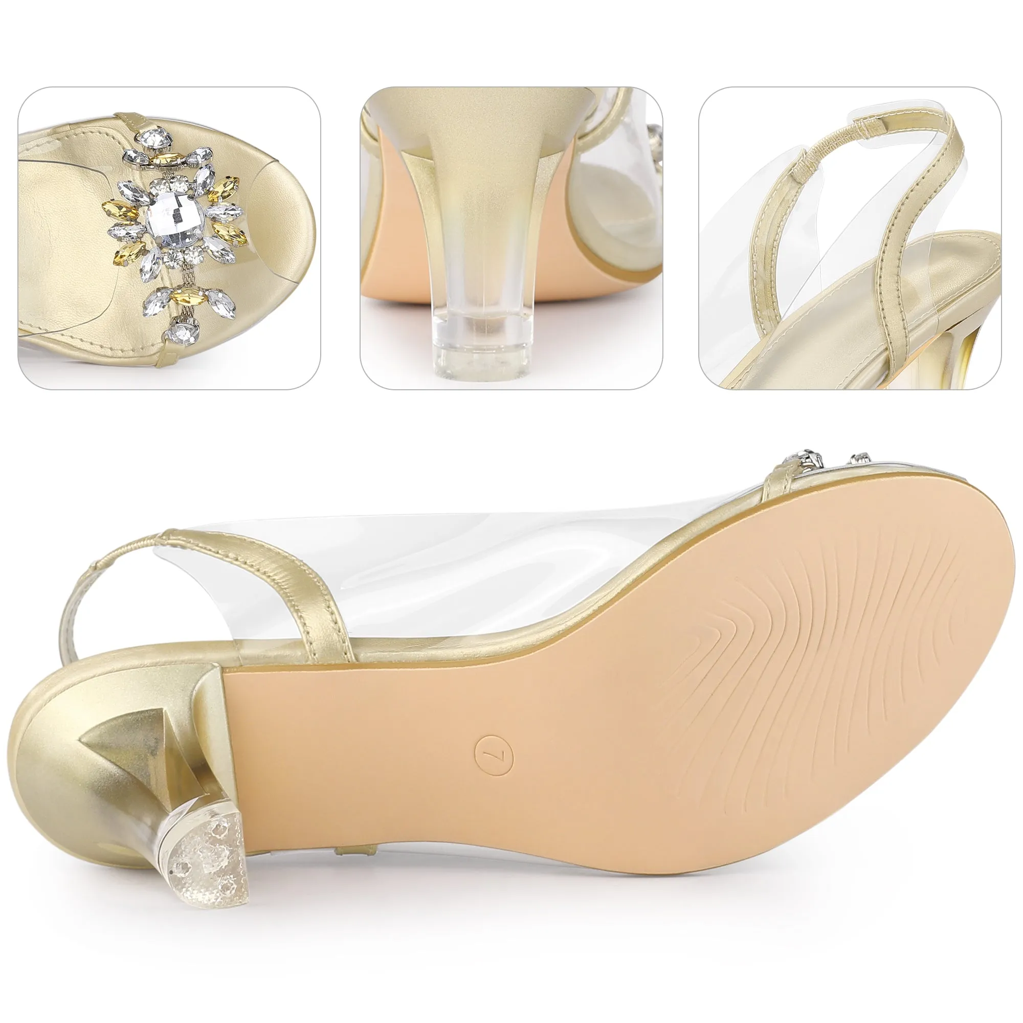 Peep Toe Flower Rhinestone Slingback Clear Chunky Heels Sandals for Women
