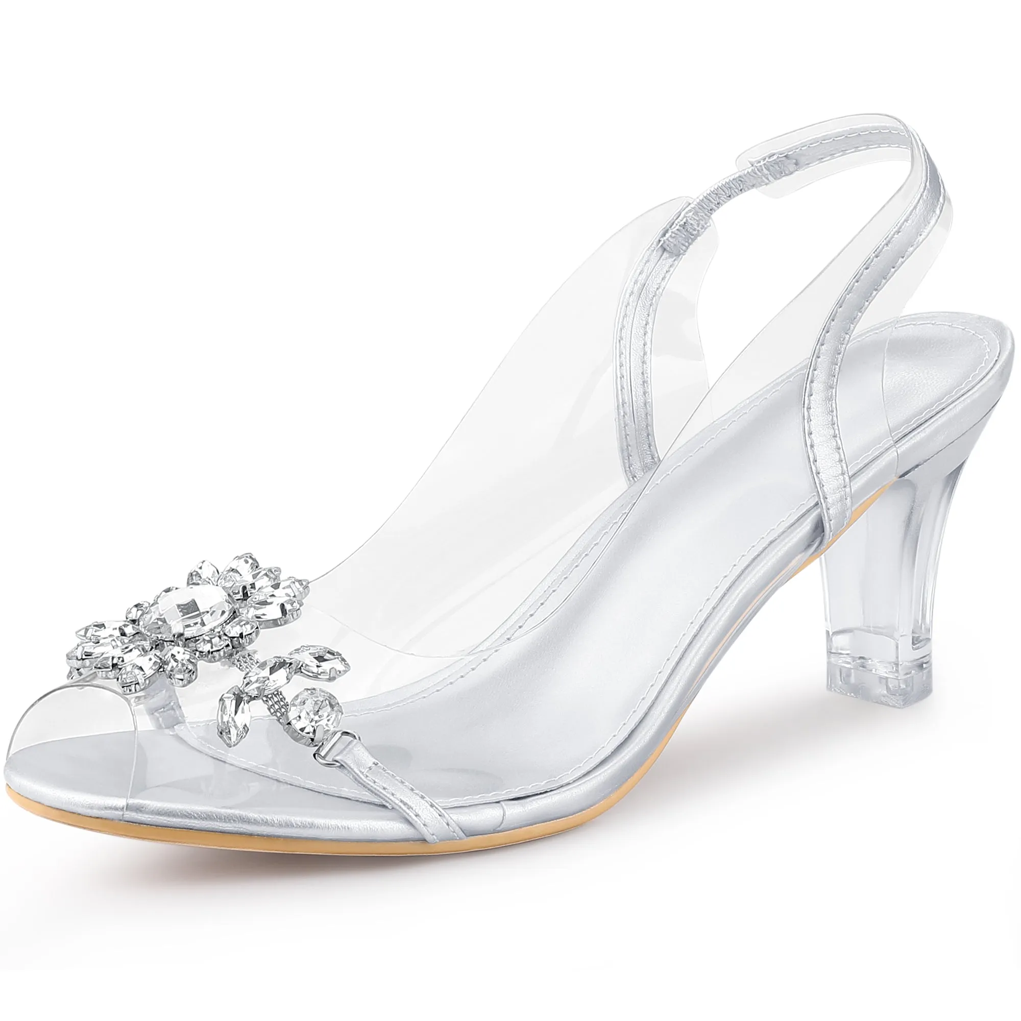 Peep Toe Flower Rhinestone Slingback Clear Chunky Heels Sandals for Women
