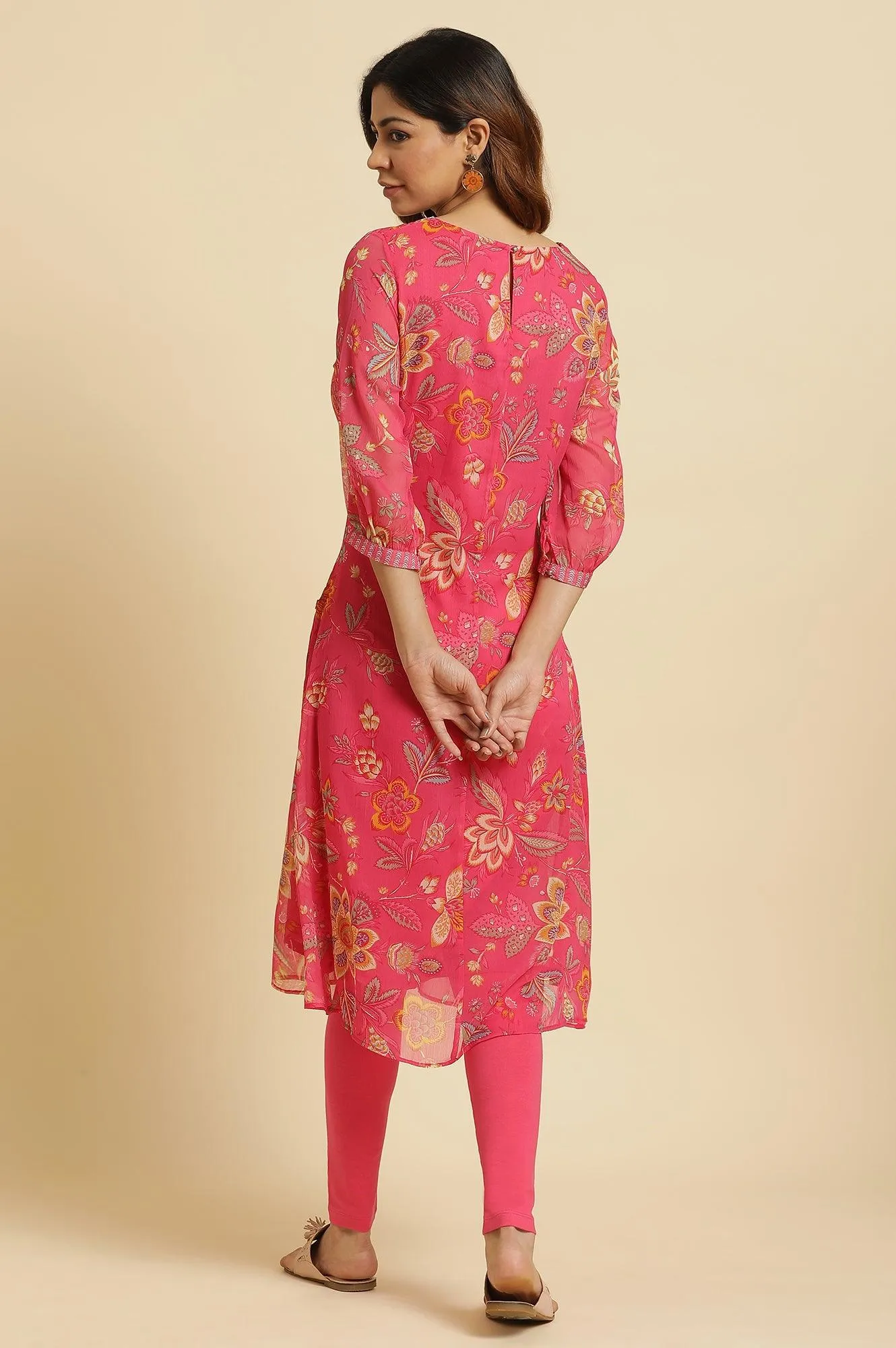 Pink Chiffon Printed Kurta With Multi-Coloured Floral Embroidery