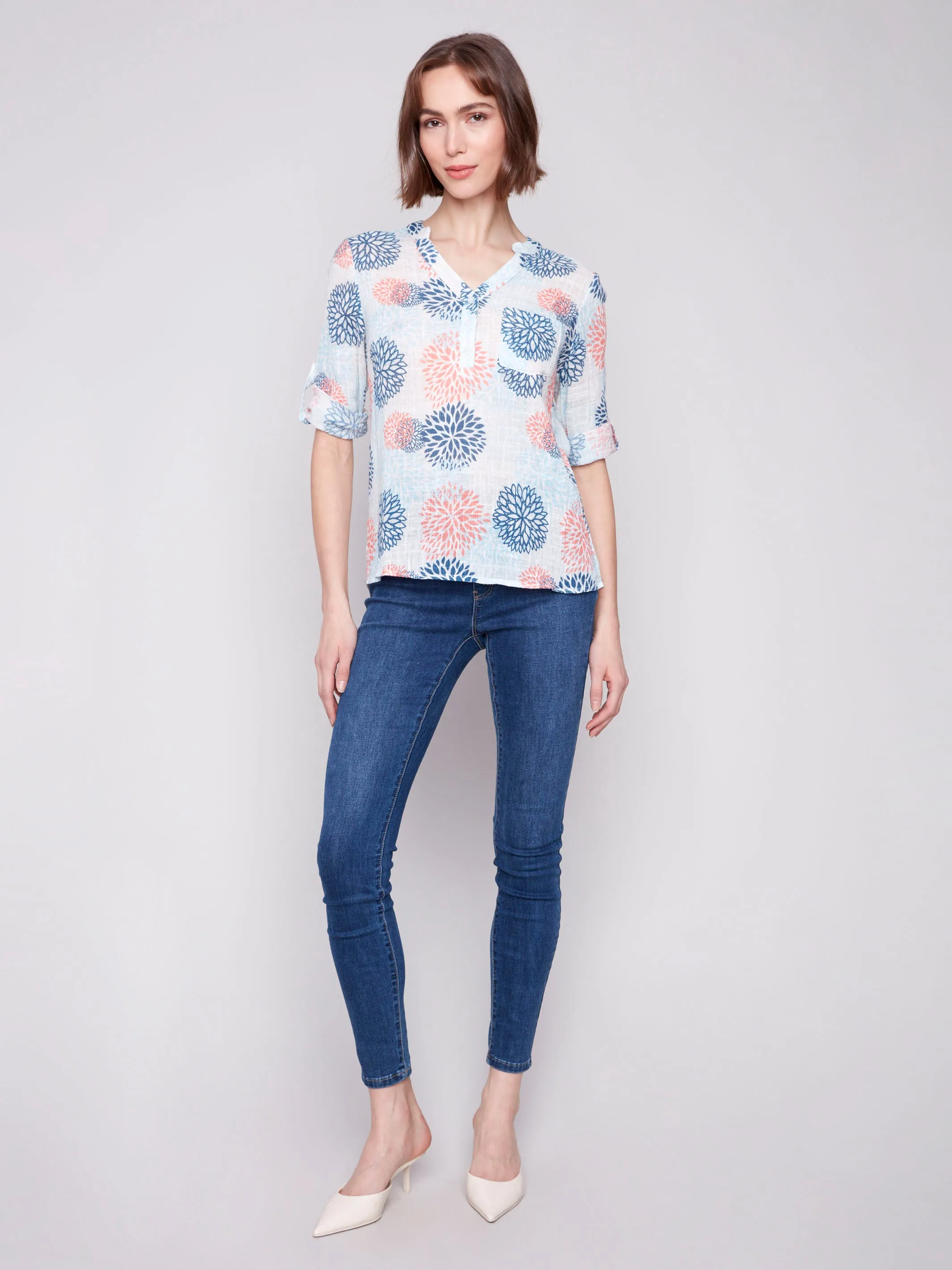 Printed Cotton Gauze Half-Button Blouse - Jasmine