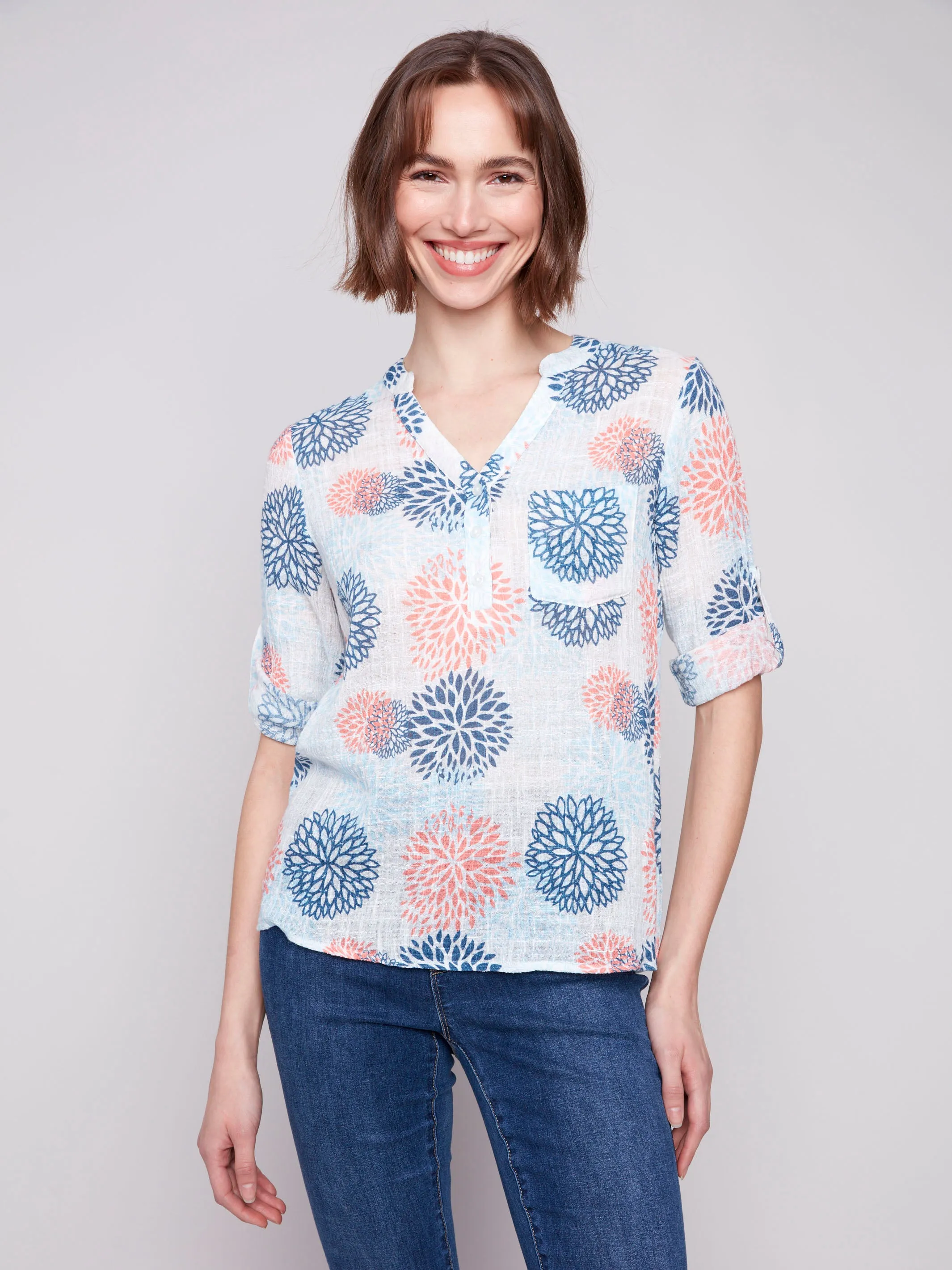 Printed Cotton Gauze Half-Button Blouse - Jasmine