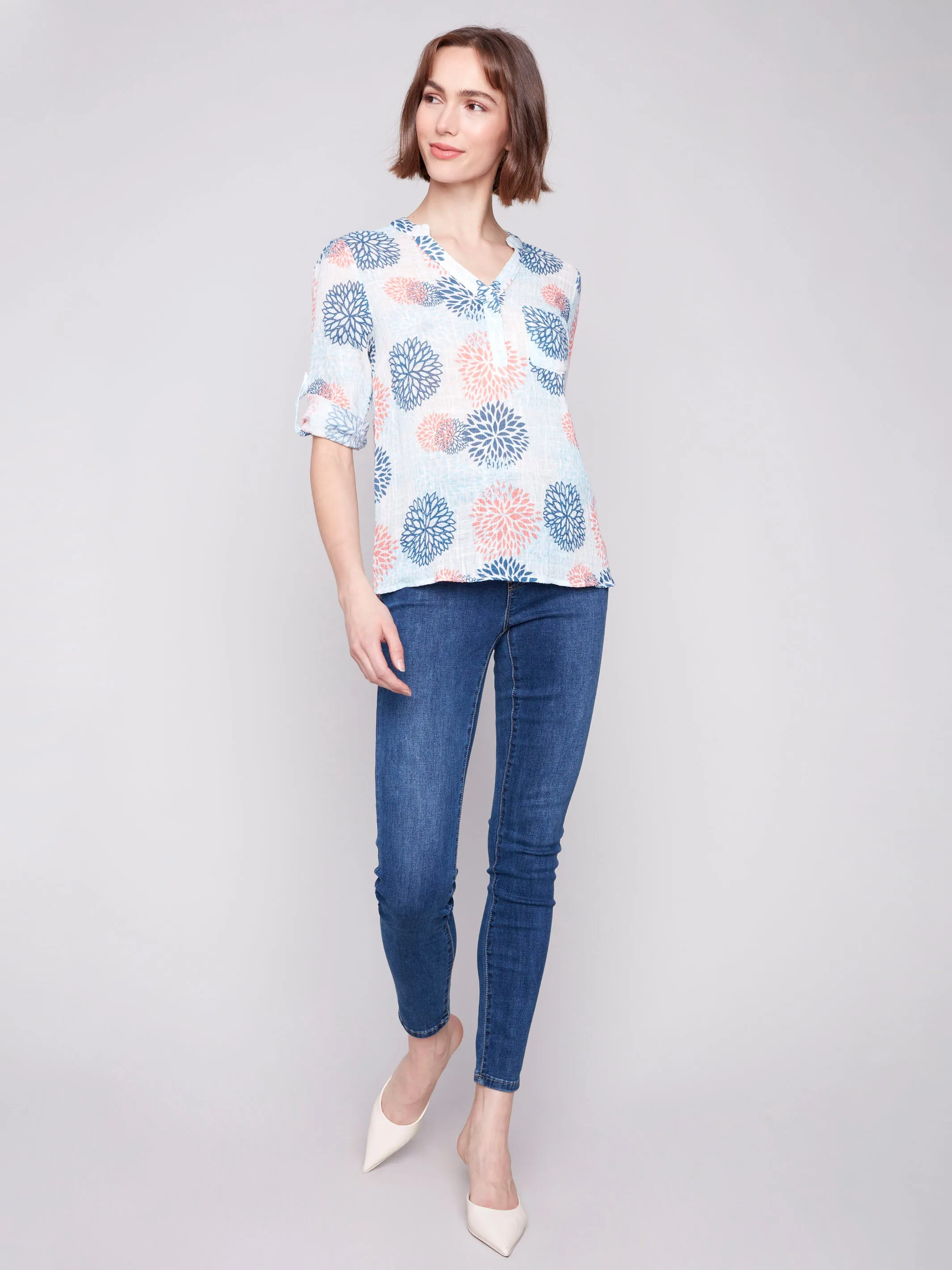 Printed Cotton Gauze Half-Button Blouse - Jasmine