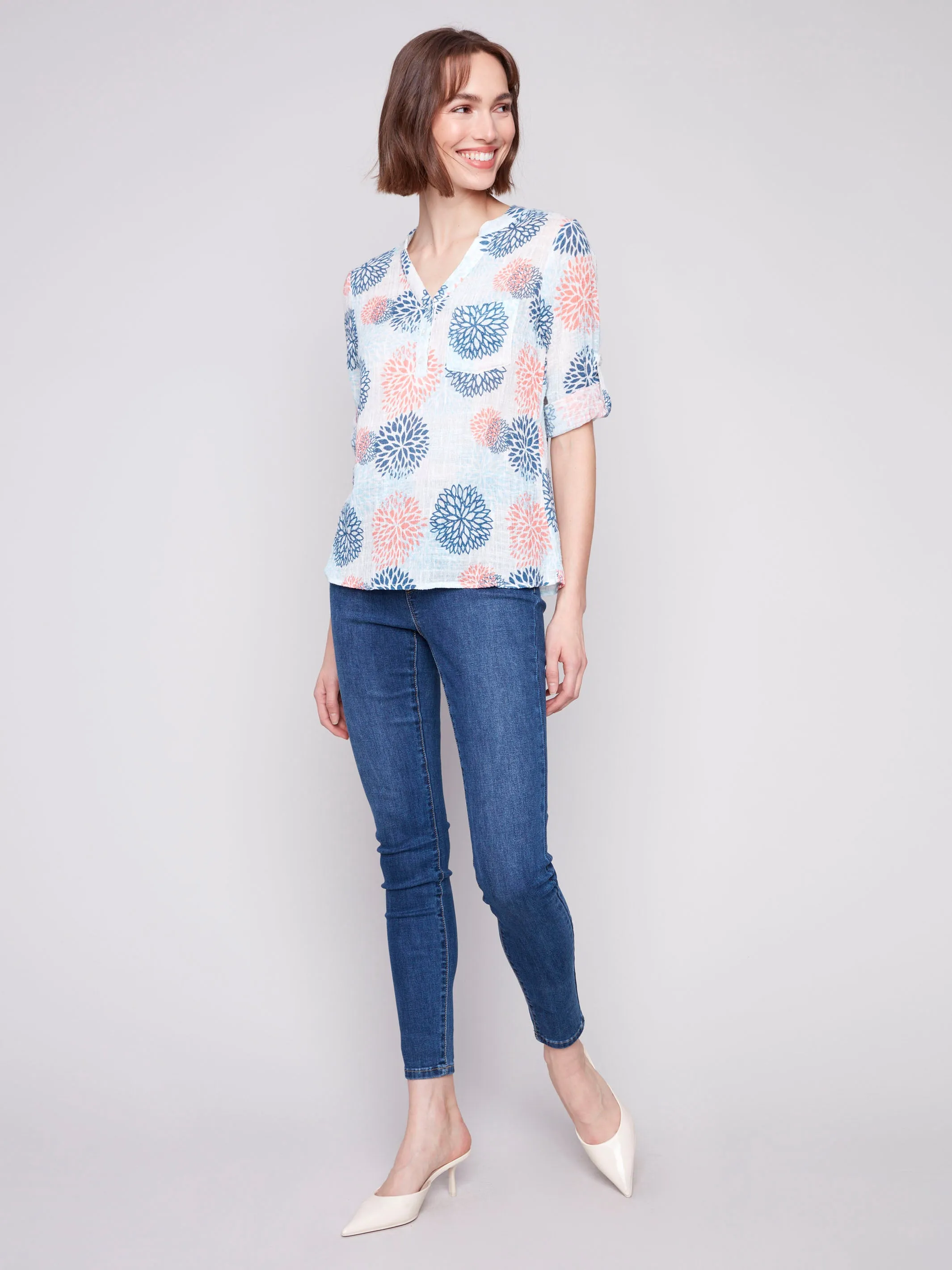 Printed Cotton Gauze Half-Button Blouse - Jasmine