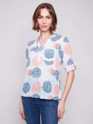 Printed Cotton Gauze Half-Button Blouse - Jasmine