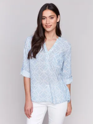 Printed Viscose Half-Button Blouse - Bluebell