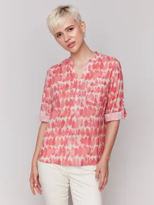 Printed Viscose Half-Button Blouse - Drops