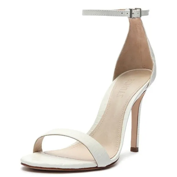 Schutz Cady-Lee White Crocodile Embossed Ankle Strap Open Toe High Heel Sandals