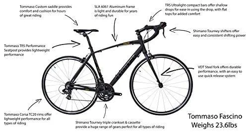 Tommaso Fascino - Sport Performance Aluminum Road Bike, Shimano Tourney, 21 Speeds - Black/Yellow - Extra Large