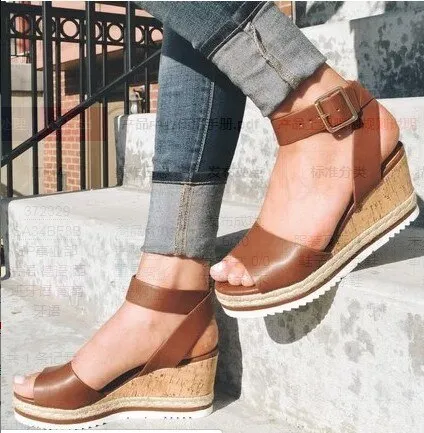 Wedge Sandals for Women – Fish Mouth Open Toe Buckle Strap High Heel Shoes, Golden Ankle Strap PU Sandals