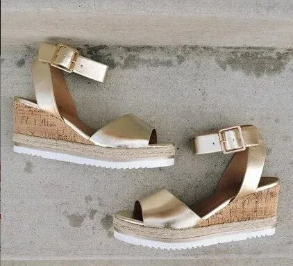 Wedge Sandals for Women – Fish Mouth Open Toe Buckle Strap High Heel Shoes, Golden Ankle Strap PU Sandals