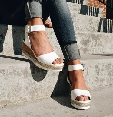 Wedge Sandals for Women – Fish Mouth Open Toe Buckle Strap High Heel Shoes, Golden Ankle Strap PU Sandals