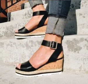 Wedge Sandals for Women – Fish Mouth Open Toe Buckle Strap High Heel Shoes, Golden Ankle Strap PU Sandals