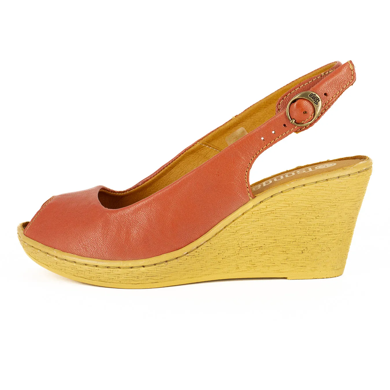 Zangemuva : Ladies Leather Peep-Toe High-Heel Wedge Sandal in Burnt Pietra